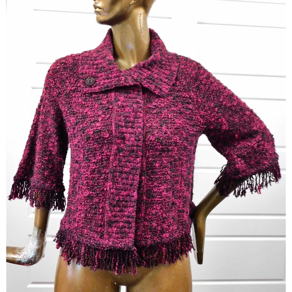 St John Cranberry Black‎ Tweed Fringe Jacket sz M